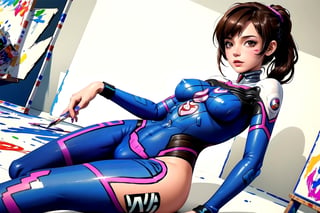 D.Va pilot, brown hair, ponytail, whisker marking, contrapposto, wide hip, bodypaint, body painting suit, ((thin painting)),,(thin on breast and crotch), ((partially erased painting)), shaved pussy, nipple, AG, uniformsbodypaint,AG