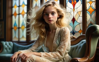 In a cinematic double exposure cowboy shot photograph, a coming-of-age blond girl's slender body and petite curves are superimposed over a ultra realistic sketch of her sitting on a chase longue in an art nouveau living room, with Alphonso Mucha stained glass windows, wearing a see-through intricate white lace robe. Rich, dark tones accentuate the flowing contours of her ample hair, which cascades down her back like a waterfall of night. The outlined presence of the model is merged with whimsical abstract shapes and pop art colors, evoking a sense of wonder and enchantment. In the style of Anne Bachelier, this masterpiece features intricately detailes eyes, exquisite execution, and a wide range of colors. nipslip,downblouse