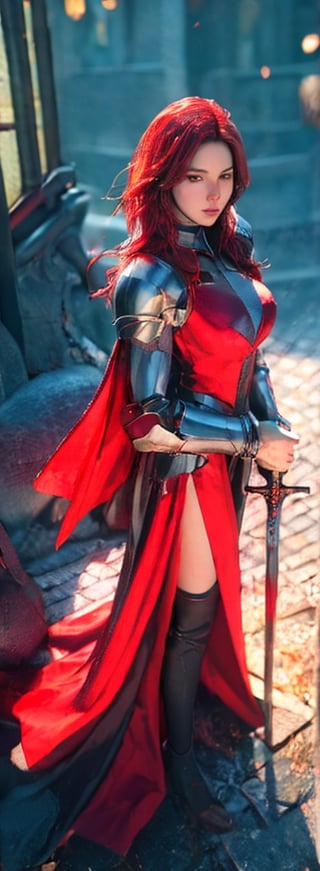 23-year-old Taiwanese beauty, solo singer, cool, perfect interpretation of European fantasy medieval knight. She has huge natural breasts and a perfect figure. She is wearing the costume of the Knights Hospitaller, a cloak, and long red hair. She looks up at the viewer, holding a big sword in her hand, and standing on the streets of medieval Europe. (1 Girl: 1.4), (RAW Photo, Best Quality), (Real, Photo Real: 1.1), Best Best Quality, Masterpiece, Beauty and Aesthetics, 16K, (HDR: 1.2), High Contrast, (Vivid Color: 1.3), (Soft Color, Dull Color, Soothing Color: 0), Cinema Lighting, Ambient Lighting, Side Light, Fine Detail and Texture, Cinematic Lens, Warm Color (Bright and Intense: 1.1), Wide Angle Lens, xm887, hyper - Realistic illustrations, Shino's natural proportions, dynamic poses, (accurate body and hand anatomy, four fingers and a thumb), (from above: 1.2)