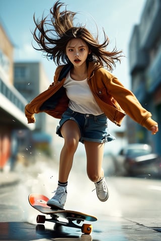 1Girl,(low angle shot:1.5),
The illustration depicts a spirited girl with a confident stance, her hair flowing behind her as she effortlessly maneuvers her skateboard. With determination in her eyes and a hint of a smile on her lips, she tackles the urban landscape with skill and grace. The low-angle perspective adds a sense of drama and dynamism to the scene,newhorrorfantasy_style,action shot,xxmix_girl