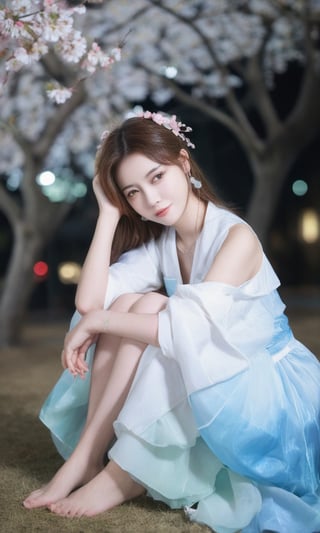 a woman in a blue period dress sitting on the ground,traditional attire,hanfu,cherry blossoms,serene expression,seated pose,ethereal lighting,black background,flowing fabric,reflective surface,high contrast,gentle gaze,soft makeup,pastel colors,blurred petals falling,cultural,fantasy ambiance,elegance,grace,historical costume,fabric draping,photoshoot,artistic composition,side lighting,blue gradient dress,tranquil atmosphere,delicate accessories,hair ornaments.,arien photography,sexyling54894416,sexymaga16235082