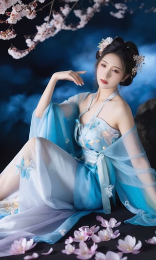 a woman in a blue period dress sitting on the ground,traditional attire,hanfu,cherry blossoms,serene expression,seated pose,ethereal lighting,black background,flowing fabric,reflective surface,high contrast,gentle gaze,soft makeup,pastel colors,blurred petals falling,cultural,fantasy ambiance,elegance,grace,historical costume,fabric draping,photoshoot,artistic composition,side lighting,blue gradient dress,tranquil atmosphere,delicate accessories,hair ornaments.,arien photography,sexyling54894416,sexymaga16235082