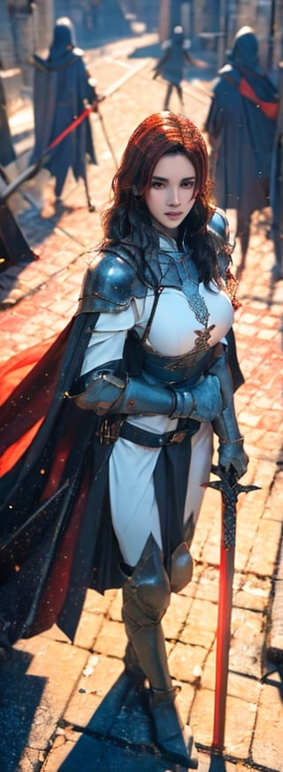 23-year-old Taiwanese beauty, solo singer, cool, perfect interpretation of European fantasy medieval knight. She has huge natural breasts and a perfect figure. She is wearing the costume of the Knights Hospitaller, a cloak, and long red hair. She looks up at the viewer, holding a big sword in her hand, and standing on the streets of medieval Europe. (1 Girl: 1.4), (RAW Photo, Best Quality), (Real, Photo Real: 1.1), Best Best Quality, Masterpiece, Beauty and Aesthetics, 16K, (HDR: 1.2), High Contrast, (Vivid Color: 1.3), (Soft Color, Dull Color, Soothing Color: 0), Cinema Lighting, Ambient Lighting, Side Light, Fine Detail and Texture, Cinematic Lens, Warm Color (Bright and Intense: 1.1), Wide Angle Lens, xm887, hyper - Realistic illustrations, Shino's natural proportions, dynamic poses, (accurate body and hand anatomy, four fingers and a thumb), (from above: 1.2)