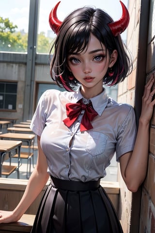 (masterpiece, best quality, ultra-detailed, 8K),high detail,picture perfect face,blush,freckled,(red skin)devil girl,succubus,horns,perfect female body,slim,(black hair, bobcut),colorfull,cute, charming, alluring,heart earrings,(school uniform, pleated skirt),skimpy