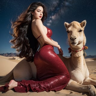   1girl,big_breats,big_ass,curly hair,clevage, red regacy dress,sexy high heels ,Starry Desert Stroll Imagine a beautiful woman riding a camel through the starlit desert. With long, black, curly hair and blue eyes, she wears an elegant red regency dress with a high waistline, accentuating her grace. Her enchanting blue eyes reflect the beauty of the star-filled desert night,morphism,symbolism,pointillism,psychedelic art,oil painting ,photorealistic