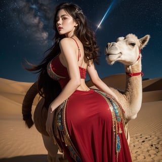   1girl,(big_breats),(big_ass),curly hair,clevage, red regacy dress,sexy high heels ,Starry Desert Stroll Imagine a beautiful woman riding a camel through the starlit desert. With long, black, curly hair and blue eyes, she wears an elegant red regency dress with a high waistline, accentuating her grace. Her enchanting blue eyes reflect the beauty of the star-filled desert night,morphism,symbolism,pointillism,psychedelic art,oil painting ,photorealistic,Nice legs and hot body