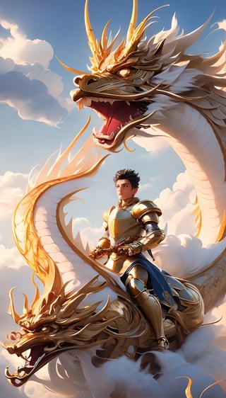 short black hair, thick eyebrows, soft, a golden dragon, mythology, medieval, fantasy, young, Asian men, masculine, manly, dark fantasy, high fantasy, gold armor, defined jawline, red eyes, handsome male, facing in front, photorealistic, 8k, cinematic lighting, very dramatic, soft aesthetic, innocent, ((A man wearing golden metal plate armor walks on a golden dragon against a background surrounded by clouds)), (Lightning twines around),