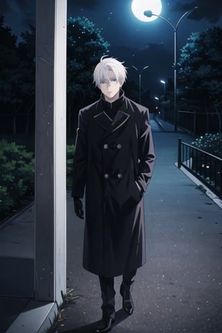 full_body,masterpiece, best quality,190cm,(1man,gojo_satoru),gloomy,another_person,highres,high quality,extremely detailed,solo,SatoruGojo,grandblue eyes,white skin,grim,white hair,(black_coat:1), in park at night,black_gloves,