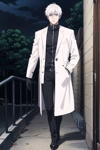 full_body,masterpiece, best quality,190cm,(1man,gojo_satoru),gloomy,another_person,highres,high quality,extremely detailed,solo,SatoruGojo,grandblue eyes,white_skin,grim,white_hair,(white_coat_unzipped,:1),(black_pants,black_gloves:1),in park at night,clothing cutout,walking