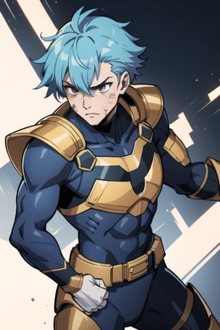 A superhero in gold and black armor with white skin color with blue hair injured after a fight