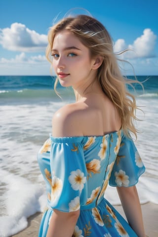 A serene seascape: A radiant young woman stands in the shallow waters, her golden hair flowing like seaweed around her porcelain skin. Brilliant blue sky above, with fluffy white clouds drifting lazily across the horizon. Her gaze meets the lens, a gentle smile playing on her lips as she appears lost in thought. She wears a white floral dress, off-the-shoulder sleeves, softly blowing in the ocean breeze.