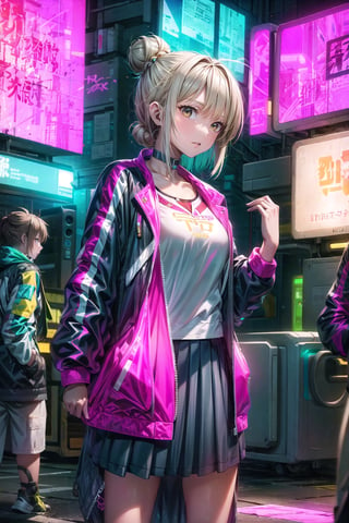 1girl, solo, jacket, choker, hair bun, lips, single hair bun, guitar, long skirt, realistic,Cyberpunk,scandal haruna