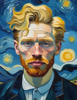 Create a captivating artwork in the style of Vincent van Gogh, portraying a 24-year-old man from Switzerland with fair skin and short, straight, blonde hair, with a close-up of his face. Intricately capture details using the van Gogh style, drawing inspiration from the works of Vincent van Gogh, the van Gogh-style paintings of Jean-Michel Basquiat, and the brushstroke technique of van Gogh by Henri Edmond Cross. Craft a superior van Gogh-style artwork that seamlessly blends these influences into an outstanding portrayal.

