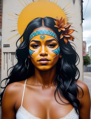 Create a striking urban art piece portraying a 30-year-old woman from the Amazon with caramel skin and straight, slightly wavy hair, with a close-up of her face. Intricately capture details using the urban art style, drawing inspiration from the urban art of Banksy, the urban murals of Os Gêmeos, and the urban art technique of Swoon. Craft a superior urban art piece that seamlessly blends these influences into an outstanding portrayal.

