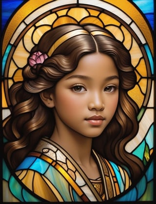 Create a captivating stained glass artwork portraying a 12-year-old girl of Oriental descent with caramel skin and tightly curled hair, with a close-up of her face. Intricately capture details using the stained glass medium, drawing inspiration from the stained glass art of Tiffany Studios, the stained glass windows of Louis Comfort Tiffany, and the stained glass technique of Japonisme. Craft a superior stained glass artwork that seamlessly blends these influences into an outstanding portrayal.

