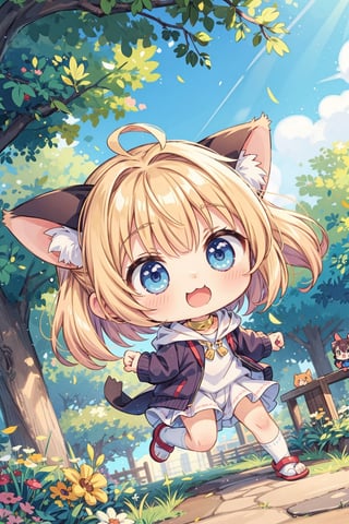 ((anime chibi style)), cute looking kitten with adorable eyes in the park, dynamic angle, depth of field