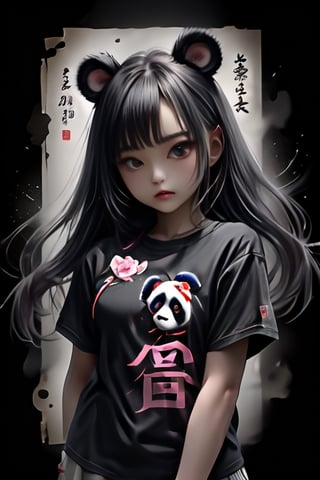 A beautifully drawn (((vintage t-shirt print))), featuring intricate ((retro-inspired typography)) encircling a (((sumi-e ink illustration))) depicting panda, integrating elements of Japanese calligraphy with black back ground ,MeganFox
,Leonardo Style