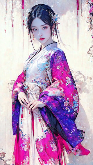 Best picture quality, high resolution, 16k, realistic, sharp focus, extreme picture quality, detailed face + eyes, casual pose, elegant, casual facial expression, realistic image of an elegant lady, no hair accessories, dark eyes , fractal art, bright colors, Korean beauty supermodel, pure white hair mixed with colorful hair tails, wearing Hanfu, wearing high-heeled sandals, radiant, perfectly customized gorgeous floral embroidery pattern suit, custom design, 1 girl, tense , looking at the audience, ,floral print,1girl,gongbiv,CLOUD,perfect