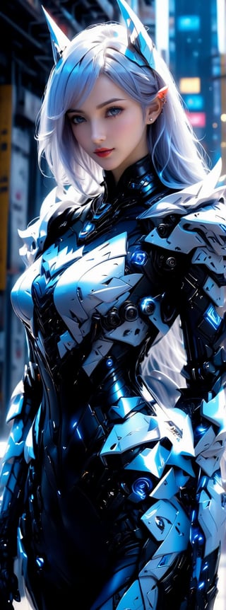 Best picture quality, high resolution, 8k, realistic, sharp focus, realistic image of elegant lady, Korean beauty, supermodel, pure white hair, blue eyes, wearing high-tech cyberpunk style blue Batgirl suit, radiant Glow, sparkling suit, mecha, perfectly customized high-tech suit, ice theme, custom design, 1 girl