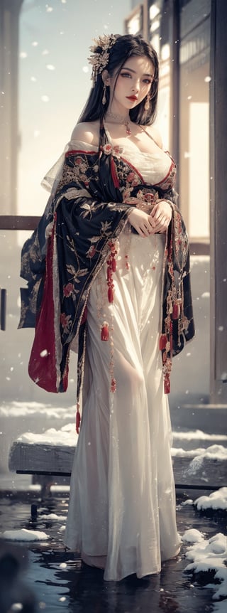 full body, 1girl, 23yo Taiwanese beauty, solo, cool, natural oversize breasts, white hanfu, There is frost and snow falling over the vast and rippleless lake, and every inch of hair is hung with memories of the past. When a person faces the moon, she hopes someone will protect her. She only envies mandarin ducks, not gods. (1girl: 1.4), (original picture, best quality), (real, Photo Real: 1.1), Best Quality, Masterpiece, Beauty & Aesthetics, 16K, (HDR: 1.2), High Contrast, (Vivid Colors: 1.3), (Soft Colors, Dull Colors, Soothing Tone: 0) , Cinema Lighting, Ambient Light, Side Light, Fine Details and Textures, Cinematic Lens, Warm Colors, (Bright and Intense: 1.1), Wide Angle Lens, xm887, Surrealist Illustration, Siena's Natural Proportions, Silver Hair, Dynamic Posture, precise body and hand anatomy, four fingers and a thumb,