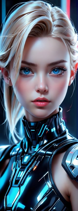 Generate hyper realistic image of a captivating girl with blue eyes, her upper body enhanced with cybernetic elements. She looks directly at the viewer, and her lips, slightly parted, exude an alluring glow. The scene is set in a futuristic, science fiction environment, where the fusion of human and machine creates a mesmerizing and enigmatic ambiance.