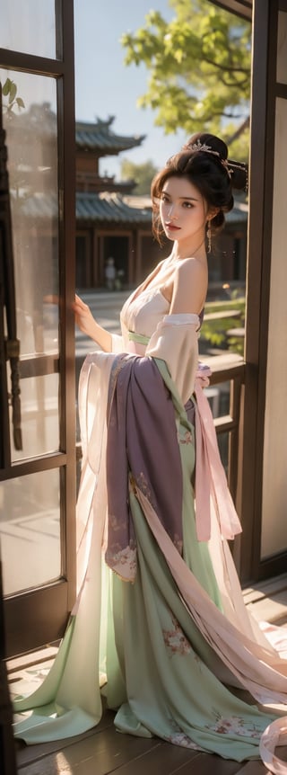 A Taiwanese woman, wearing a purple and gold low-cut off-shoulder palace short Hanfu, topless, medium-chested, natural breast shape, pink nipples, good figure, barefoot. She was leaning lazily on the window lattice, surrounded by the imperial garden full of redbuds and surrounded by auspicious clouds. realistic style,qinghua,chinese_hairstyle,zanhua