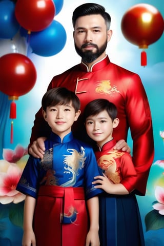 Master piece of a Vietnamese family of 4 people, man 40 years old white short highlight hair,short beard, wife 30 years short hair in red ao dai, fat boy 10 years old in school uniform, skinny 8 years boy short hair in blue. dragon ao dai.