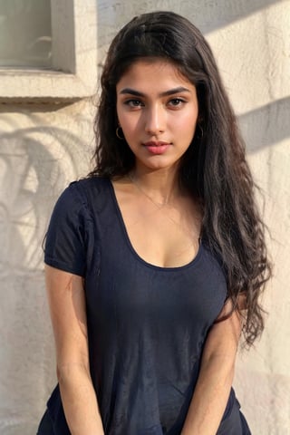 lovely cute young attractive indian girl, blue eyes, gorgeous actress, 23 years old, cute, an Instagram model, long hair, black hair, Indian, wearing peplum top, dusky, ear rings,looking hot, under sunlight, looking on window,1girl,Indian