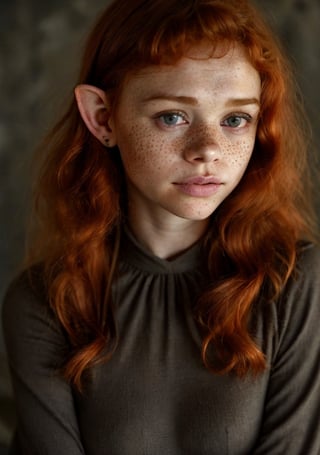 diffuse light, dark background, freckled teenager, face close-up, redhead, ginger,  pointed elf ears, Melanie Thierry:1.3, Carey Mulligan, Kira Rausch, Carmen Solomons, 20 years old, thin, (very big puffy lips:1.4), closed mouth, shut lips, dimples, slightly smile, big eyes,  eyes wide apart, big dark black straight eyebrows, snub nose, short black cutted messy hair, fuzzy hair, short stubble haircut,Afro hair girl