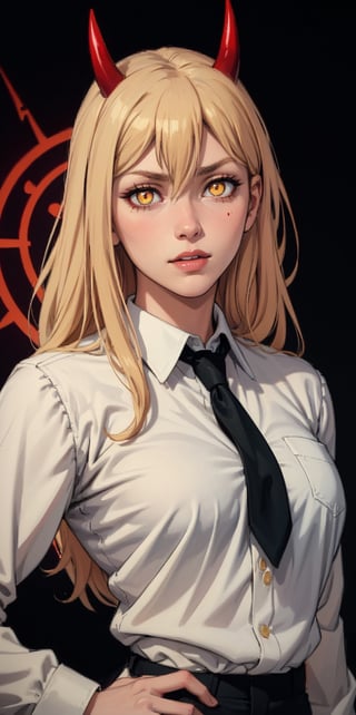 (best quality), (masterpiece), (solo), 1girl, power_csm, blonde hair, yellow eyes, cross-shaped pupils, symbol-shaped pupils, red horns, white buttoned shirt, blue jacket, black necktie, black background, blood stains, artwork, manga cover art, wallpaper, evil character, glowing eyes, demon_girl