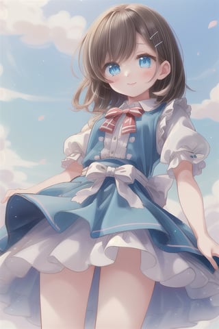 (masterpiece:1.2) , (best quality:1.2) , (ultra-detailed:1.2), extremely detailed,anime,dark brown hair,Medium hair,hairpin,BREAK,blue eyes,BREAK,alice (alice in wonderland) (cosplay),smile,striped panthies,from below,action