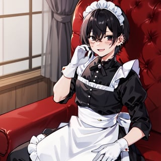 Yoshida Hirofumi,1guy, perfect hands, big smile, maid outfit, pale_skin, tired, ear-piercing, black_gloves, mole_under_mouth, blushing, shy