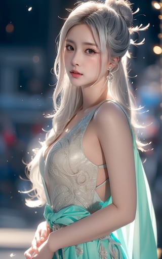 The background is midnight sky,big blue moon,dark night,snow blowing,16 yo, 1 girl,sword,halo,shining bracelet,beautiful hanfu(white, transparent),cape, cloth blowing in wind, solo, {beautiful and detailed eyes}, calm expression, natural and soft light, delicate facial features, cute japanese idol, very small earrings, ((model pose)), Glamor body type, (silver hair:1.2),  beehive,big bun,very_long_hair, hair past hip, curly hair, flim grain, realhands, masterpiece, Best Quality, photorealistic, ultra-detailed, finely detailed, high resolution, perfect dynamic composition, beautiful detailed eyes, eye smile, ((nervous and embarrassed)), sharp-focus, full_body, sexy pose,QQQ3