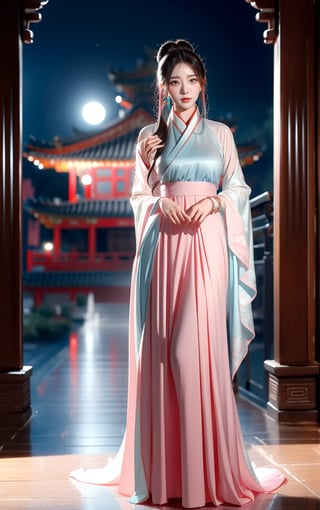 best quality, masterpiece, beautiful and aesthetic, 16K, The splendid ancient Chinese palace architecture, big blue moon, dark night, snow blowing, 1 girl, halo, shining bracelet, (beautiful hanfu, white, pink), The sleeves and skirt of Hanfu flutter in the wind, solo, {beautiful and detailed eyes}, melancholy expression, natural and soft light, delicate facial features, vearrings, Gorgeous necklace, ((sexy pose)), Glamor body type, (white hair,),  beehive, bun,very long hair, hair past hip, curly hair, flim grain, realhands, masterpiece, Best Quality, photorealistic, ultra-detailed, finely detailed, high resolution, perfect dynamic composition, beautiful detailed eyes, eye smile, ((nervous, embarrassed)), sharp focus, full body, sexy pose, KKK3