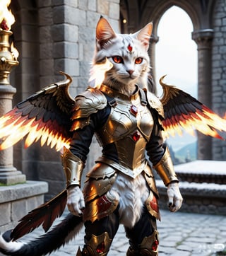 (16k), (masterpiece), (full body shot,), (highest quality), (highly complex), (realistic), (sharp focus), (cinematic lighting), (highly detailed), (full body shot,) , In a magnificent castle filled with golden decorations, a Cat, Anthropomorphic, Standing on two legs, Cat wearing fiery red gem-encrusted armor, Fiery red wings inlaid with gems, Metal wings emit flames, accurate anatomical body and hands, hands radiating fire, delicate features, Red eyes, eyes radiating fire, Perfect cat body proportions, realistic, cat,ral-lava