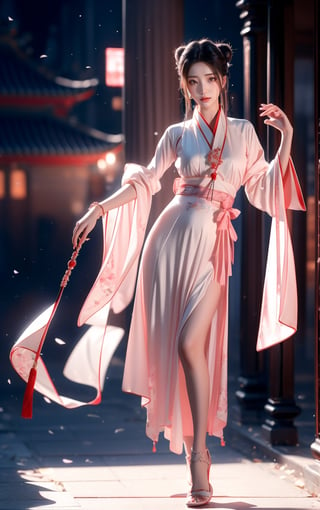 best quality, masterpiece, beautiful and aesthetic, 16K, The splendid ancient Chinese palace architecture, big blue moon, dark night, snow blowing, 1 girl, halo, shining bracelet, (beautiful hanfu, white, pink), The sleeves and skirt of Hanfu flutter in the wind, solo, {beautiful and detailed eyes}, melancholy expression, natural and soft light, delicate facial features, vearrings, Gorgeous necklace, ((sexy pose)), Glamor body type, (white hair,),  beehive, bun,very long hair, hair past hip, curly hair, flim grain, realhands, masterpiece, Best Quality, photorealistic, ultra-detailed, finely detailed, high resolution, perfect dynamic composition, beautiful detailed eyes, eye smile, ((nervous, embarrassed)), sharp focus, full body, sexy pose, KKK3