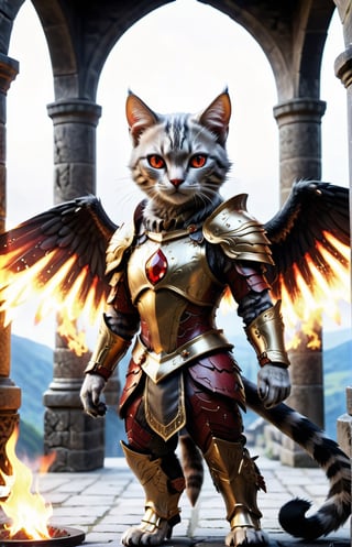 (16k), (masterpiece), (full body shot,), (highest quality), (highly complex), (realistic), (sharp focus), (cinematic lighting), (highly detailed), (full body shot,) , In a magnificent castle filled with golden decorations, a Cat, Anthropomorphic, Standing on two legs, Cat wearing fiery red gem-encrusted armor, Fiery red wings inlaid with gems, Metal wings emit flames, accurate anatomical body and hands, hands radiating fire, delicate features, Red eyes, eyes radiating fire, Perfect cat body proportions, realistic, cat,ral-lava