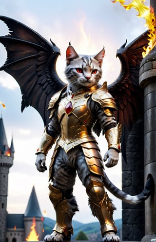 (16k), (masterpiece), (full body shot,), (highest quality), (highly complex), (realistic), (sharp focus), (cinematic lighting), (highly detailed), (full body shot,) , In a magnificent castle filled with golden decorations, a Cat, Anthropomorphic, Standing on two legs, Cat wearing fiery red gem-encrusted armor, Fiery red wings inlaid with gems, Metal wings emit flames, accurate anatomical body and hands, hands radiating fire, delicate features, Red eyes, eyes radiating fire, Perfect cat body proportions, realistic, cat,ral-lava