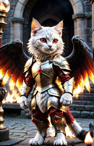 (16k), (masterpiece), (full body shot,), (highest quality), (highly complex), (realistic), (sharp focus), (cinematic lighting), (highly detailed), (full body shot,) , In a magnificent castle filled with golden decorations, a Cat, Anthropomorphic, Standing on two legs, Cat wearing fiery red gem-encrusted armor, Fiery red wings inlaid with gems, Metal wings emit flames, accurate anatomical body and hands, hands radiating fire, delicate features, Red eyes, eyes radiating fire, Perfect cat body proportions, realistic, cat,ral-lava