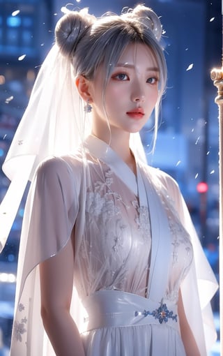 The background is midnight sky,big blue moon,dark night,snow blowing,16 yo, 1 girl,sword,halo,shining bracelet,beautiful hanfu(white, transparent),cape, cloth blowing in wind, solo, {beautiful and detailed eyes}, calm expression, natural and soft light, delicate facial features, cute japanese idol, very small earrings, ((model pose)), Glamor body type, (silver hair:1.2),  beehive,big bun,very_long_hair, hair past hip, curly hair, flim grain, realhands, masterpiece, Best Quality, photorealistic, ultra-detailed, finely detailed, high resolution, perfect dynamic composition, beautiful detailed eyes, eye smile, ((nervous and embarrassed)), sharp-focus, full_body, sexy pose,KKK3