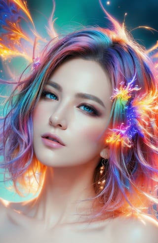 (masterpiece, top quality, best quality, official art, beautiful and aesthetic:1.2), (1girl), extreme detailed,(abstract, fractal art:1.3),colorful hair,highest detailed, detailed_eyes, fire, water, ice, lightning, light_particles, nude ,beatiful lines,resolute eyes,1 girl