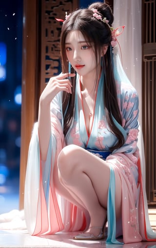 best quality, masterpiece, beautiful and aesthetic, 16K, The splendid ancient Chinese palace architecture, big blue moon, dark night, snow blowing, 1 girl, halo, shining bracelet, (beautiful hanfu, white, pink, Hanfu with many embroideries,), The sleeves and skirt of Hanfu flutter in the wind, solo, {beautiful and detailed eyes}, melancholy expression, natural and soft light, delicate facial features, vearrings, Gorgeous necklace, ((sexy pose)), Glamor body type, (white hair,),  beehive, bun,very long hair, hair past hip, curly hair, flim grain, realhands, masterpiece, Best Quality, photorealistic, ultra-detailed, finely detailed, high resolution, perfect dynamic composition, beautiful detailed eyes, eye smile, ((nervous, embarrassed)), sharp focus, full body, sexy pose, KKK3