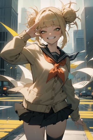 cowboy shot,1girl, miniskirt, yellow cardigan, long sleeves, sailor collar, red neckerchief, black kneehighs, blond_hair, toga himiko, serafuku, black skirt, neckerchief, dynamic pose, city backgorund,1 girl, evil grin, smiling,HimikoT,green theme