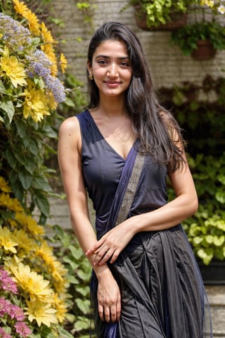 beautiful cute young attractive indian teenage girl, village girl, 18 years old, cute,  Instagram model, long black_hair, colorful hair, Botanical garden beauty – surrounded by flowers in a flowing summer dress.