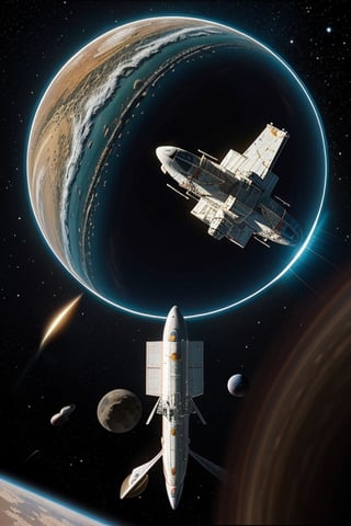 A graphic design of a spaceship in outer space, surrounded by planets and asteroids, designed in a retro-futuristic style