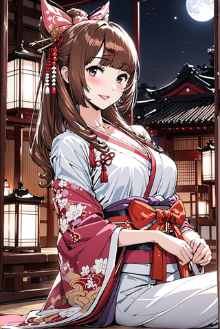 1girl, solo, Chitose_High School (Chitose),
brown hair, long hair,
skyblue Eyes,
medium_breasts, 

kunoichi,
geisha,OIRAN,
hairpin,hair beads,
make up, lipstick, rouge, blush
Edo(Japanese period),
kimono,indoor,
scenery,night,
moon,lantern,


happy,


Masterpiece, 4K, ultra detailed,
anime style, 
more detail XL, SFW, 
depth of field,