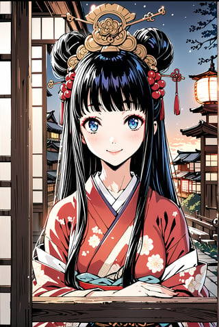 1girl, solo,Aoyagi (Level D),
black hair, long hair,hair bun,
skyblue Eyes,
medium_breasts, 

kunoichi,
geisha,OIRAN,
hairpin,hair beads,
make up,
Edo(Japanese period),
kimono,indoor,
scenery,night,

smile, 


Masterpiece, 4K, ultra detailed, anime style, 
more detail XL, SFW, 
depth of field,
Ink art,