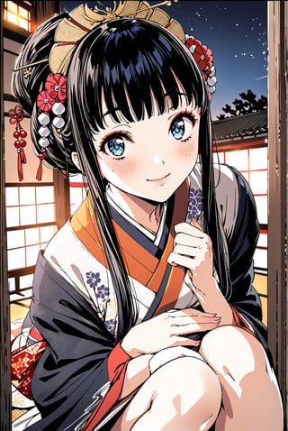 1girl, solo,Aoyagi (Level D),
black hair, long hair,hair bun,
skyblue Eyes,
medium_breasts, 

kunoichi,
geisha,OIRAN,
hairpin,hair beads,
make up,
Edo(Japanese period),
kimono,indoor,
scenery,night,

knee sitting,seiza,
hands on knees,

smile, blush,


Masterpiece, 4K, ultra detailed, anime style, 
more detail XL, SFW, 
depth of field,
Ink art,