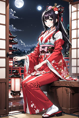 1girl, solo, Chitose_High School (Chitose),
black hair, long hair,
skyblue Eyes,
medium_breasts, slender_waist, buttock,

kunoichi,
geisha,OIRAN,
hairpin,hair beads,
make up, lipstick, rouge, blush
Edo(Japanese period),
kimono,indoor, Kimono_skirts,long skirts,
black kimono,
scenery,night,
moon,lantern,


happy,


Masterpiece, 4K, ultra detailed,
anime style, 
more detail XL, SFW, 
depth of field,