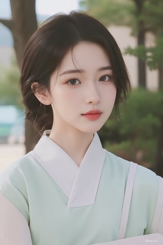 A 20-year-old Korean young lady in a traditional, elegant Hanbok, showcasing a more natural and realistic appearance. The Hanbok is in tasteful pastel colors, enhancing her subtle beauty. This image aims to capture a high level of realism, akin to a photograph taken with a Hasselblad camera. It includes fine details such as distinct pores on her forehead and cheeks, a small scar on her chin from a childhood accident, and a slightly asymmetrical mouth and eyes. The overall look should be a harmonious blend of cultural elegance and realistic, individual characteristics."